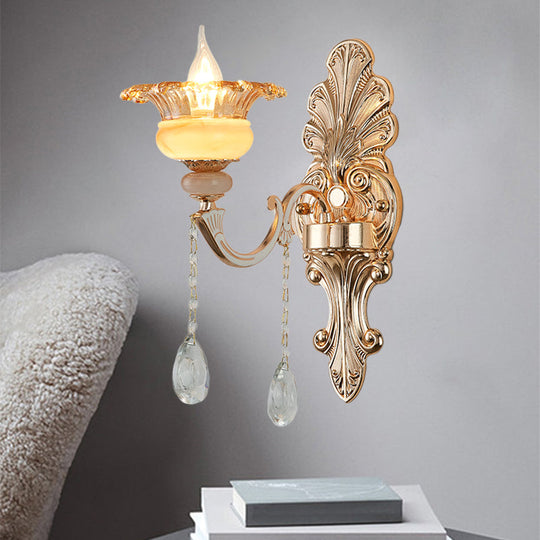 Mid-Century Gold Floral Crystal Wall Sconce for Bedside Lighting