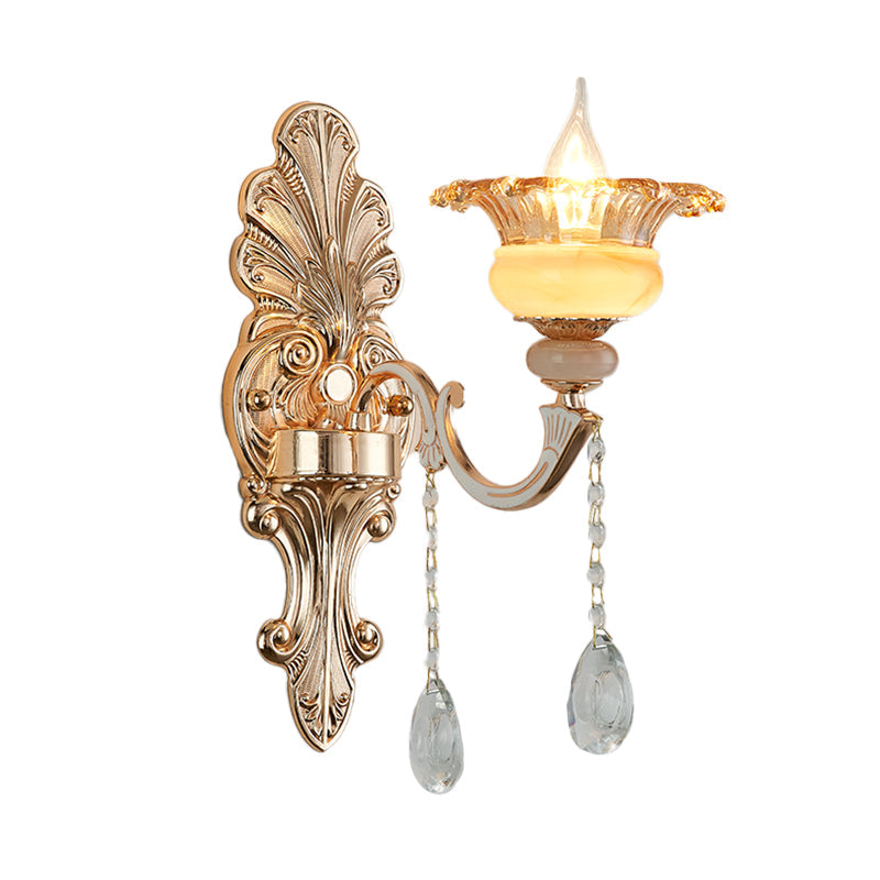 Mid-Century Gold Floral Crystal Wall Sconce for Bedside Lighting