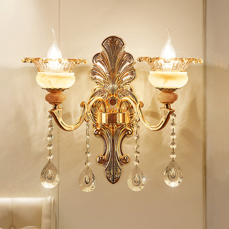 Mid-Century Gold Floral Crystal Wall Sconce for Bedside Lighting