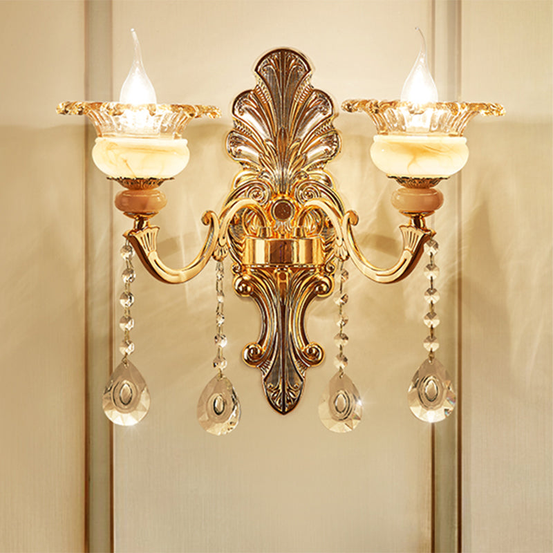 Mid-Century Gold Floral Crystal Wall Sconce for Bedside Lighting