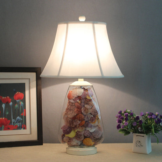 Flared Shade Night Light: White Countryside Fabric Bedside Table Lamp (12"/16" Wide) with Decorative Shell
