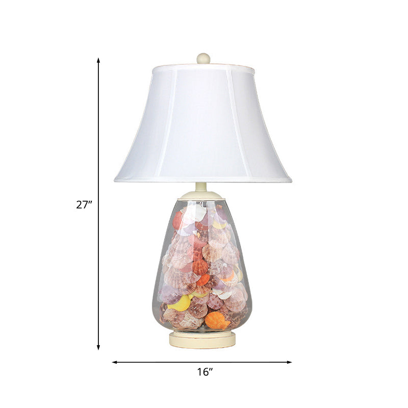 Flared Shade Night Light: White Countryside Fabric Bedside Table Lamp (12"/16" Wide) with Decorative Shell