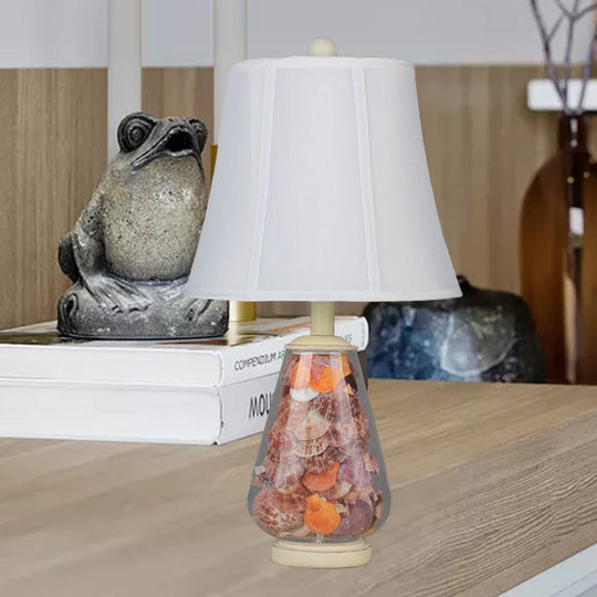Flared Shade Night Light: White Countryside Fabric Bedside Table Lamp (12"/16" Wide) with Decorative Shell
