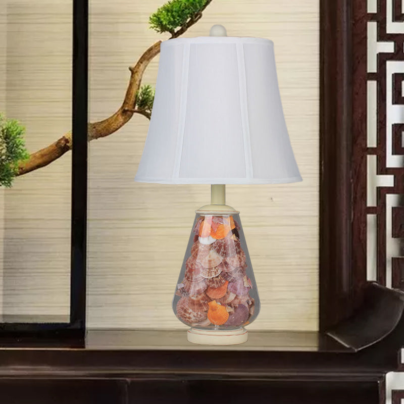 Flared Shade Night Light: White Countryside Fabric Bedside Table Lamp (12"/16" Wide) with Decorative Shell