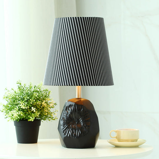 Modern Black Ticking Stripe Table Lamp - 1-Light Conical Design with Hammered Base, Ideal for Kitchen and Night Lighting