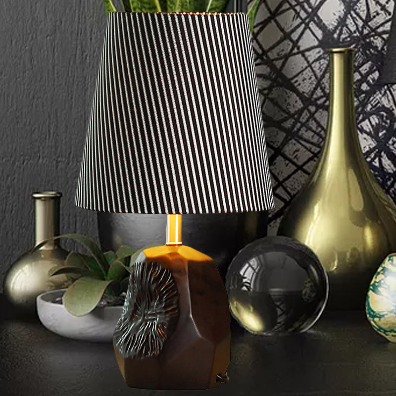 Modern Black Ticking Stripe Table Lamp - 1-Light Conical Design with Hammered Base, Ideal for Kitchen and Night Lighting