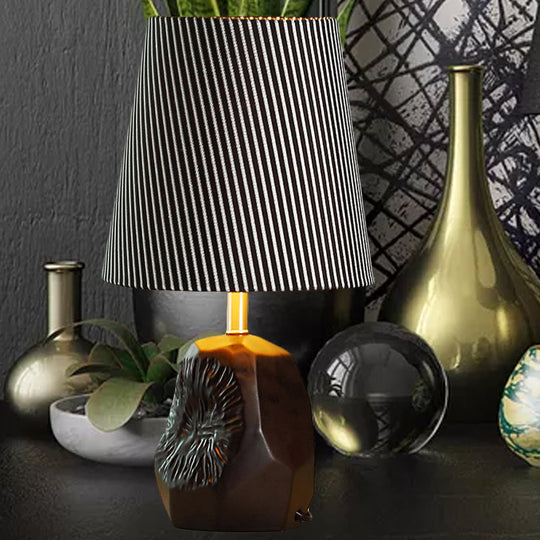 Modern Black Ticking Stripe Table Lamp - 1-Light Conical Design with Hammered Base, Ideal for Kitchen and Night Lighting