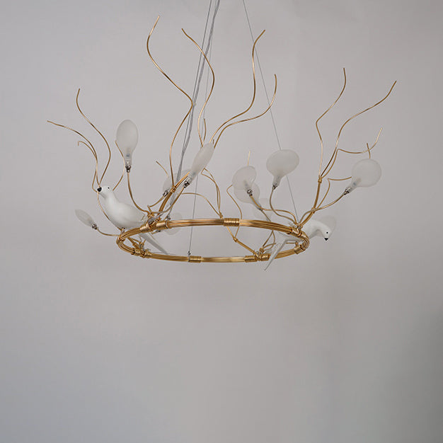 Lodge LED Gold Pendant Chandelier - Metal Ring Hanging Light with Acrylic Shade and Bird Accent - Warm/White Light