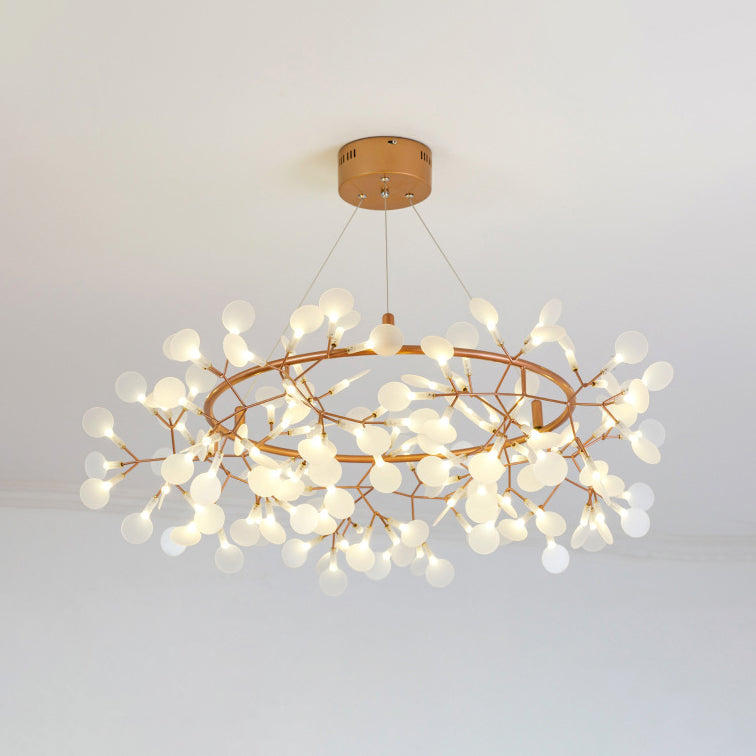 Modern Branch Chandelier with Leaf Deco, Acrylic & Metal, Gold Finish - 81/108-Light Hanging Lamp