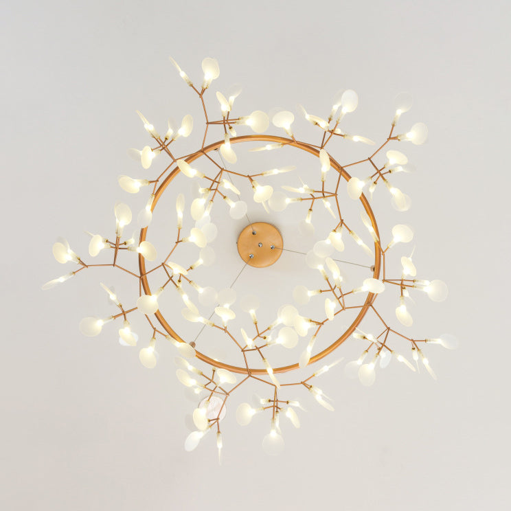 Modern Branch Chandelier with Leaf Deco, Acrylic & Metal, Gold Finish - 81/108-Light Hanging Lamp