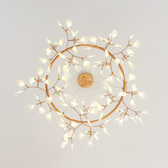 Modern Branch Chandelier with Leaf Deco, Acrylic & Metal, Gold Finish - 81/108-Light Hanging Lamp