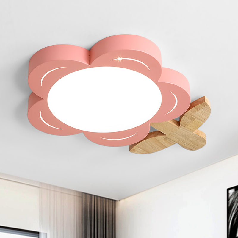 Red Floral Ceiling LED Nursery Light Fixture with Wood Décor - Kids' Flush Mount Lighting