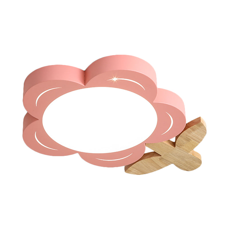 Red Floral Ceiling LED Nursery Light Fixture with Wood Décor - Kids' Flush Mount Lighting