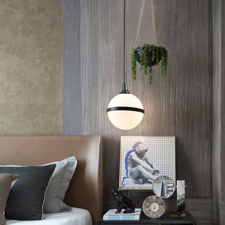 Modern Milk Glass Sphere Shade E27 Hanging Light in White for Dining Room