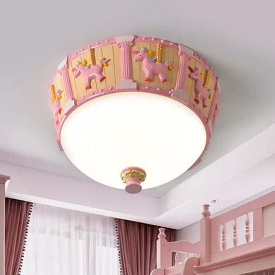 Resin Dome Flush Mount Light - Kids Pink/Green LED Flushmount with Carousel Pattern - White/Warm Light