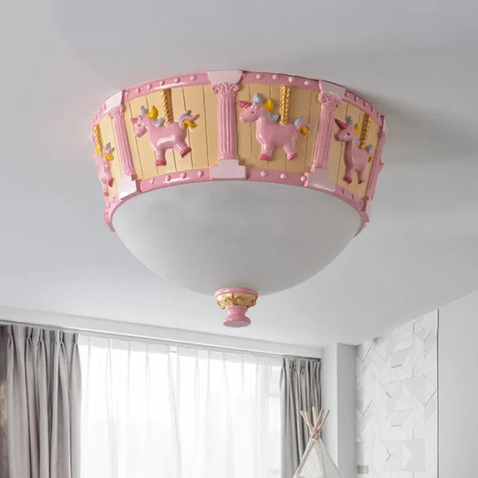 Resin Dome Flush Mount Light - Kids Pink/Green LED Flushmount with Carousel Pattern - White/Warm Light