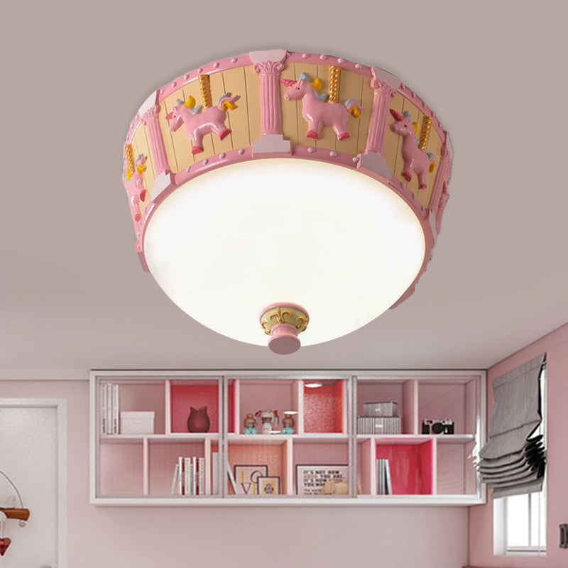Resin Dome Flush Mount Light - Kids Pink/Green LED Flushmount with Carousel Pattern - White/Warm Light