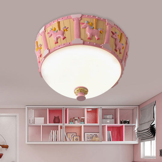 Resin Dome Flush Mount Light - Kids Pink/Green LED Flushmount with Carousel Pattern - White/Warm Light