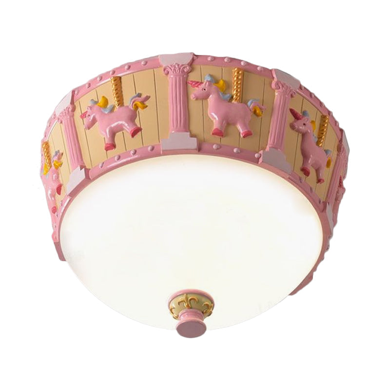 Resin Dome Flush Mount Light - Kids Pink/Green LED Flushmount with Carousel Pattern - White/Warm Light