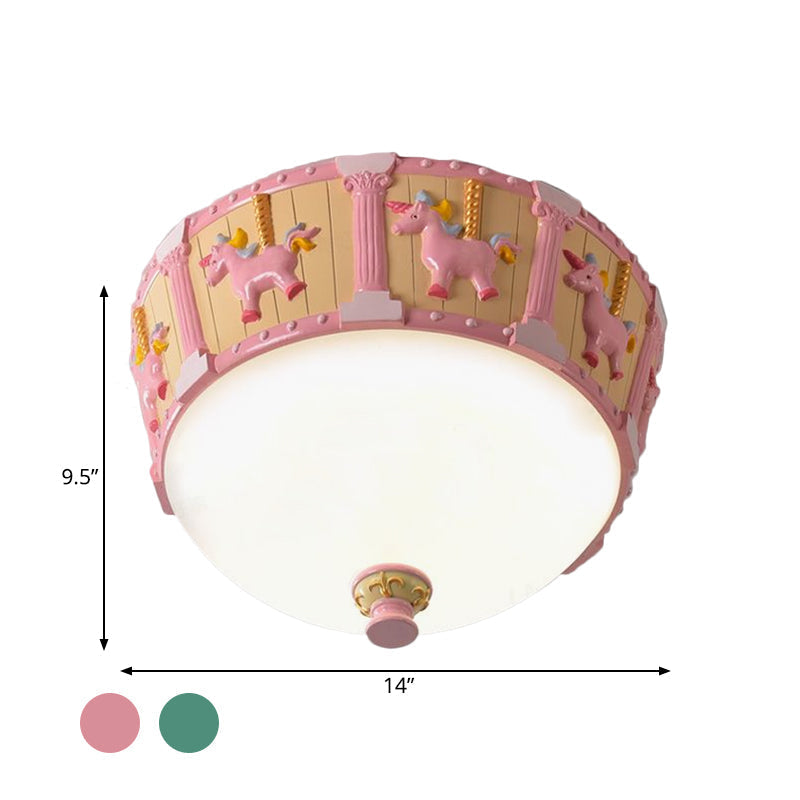 Resin Dome Flush Mount Light - Kids Pink/Green LED Flushmount with Carousel Pattern - White/Warm Light