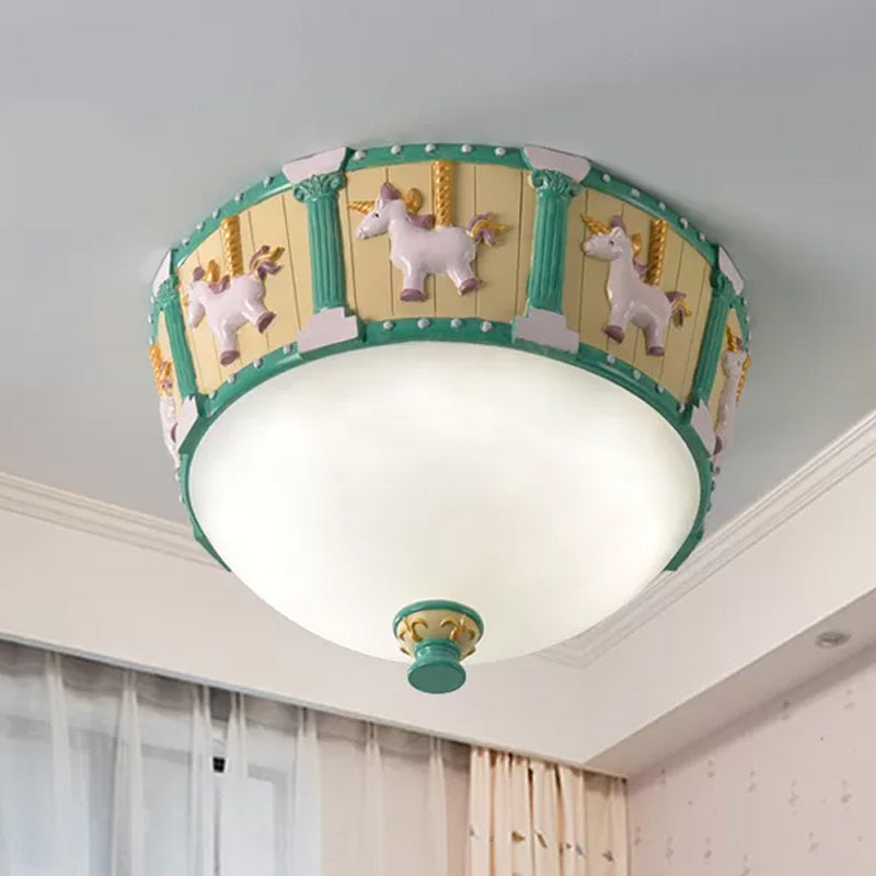 Resin Dome Flush Mount Light - Kids Pink/Green LED Flushmount with Carousel Pattern - White/Warm Light