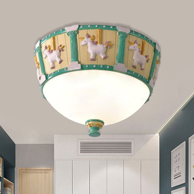 Resin Dome Flush Mount Light - Kids Pink/Green LED Flushmount with Carousel Pattern - White/Warm Light