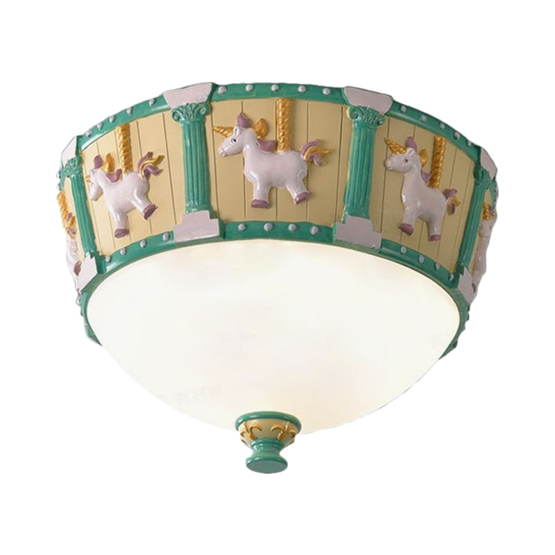 Resin Dome Flush Mount Light - Kids Pink/Green LED Flushmount with Carousel Pattern - White/Warm Light