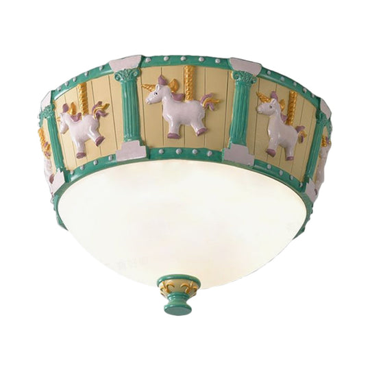 Resin Dome Flush Mount Light - Kids Pink/Green LED Flushmount with Carousel Pattern - White/Warm Light