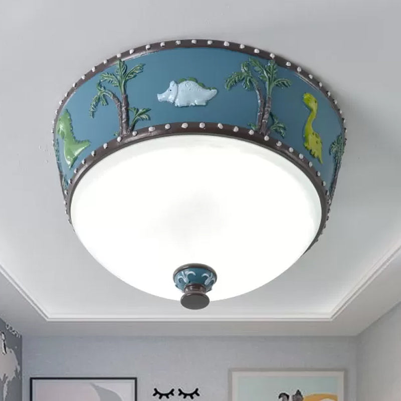 Bowl Opal Glass Ceiling Lamp - Kids Blue/Yellow LED Flush Mount with Dinosaur and Tree Pattern - White/Warm Light