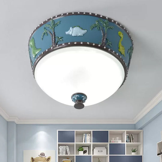 Bowl Opal Glass Ceiling Lamp - Kids Blue/Yellow LED Flush Mount with Dinosaur and Tree Pattern - White/Warm Light