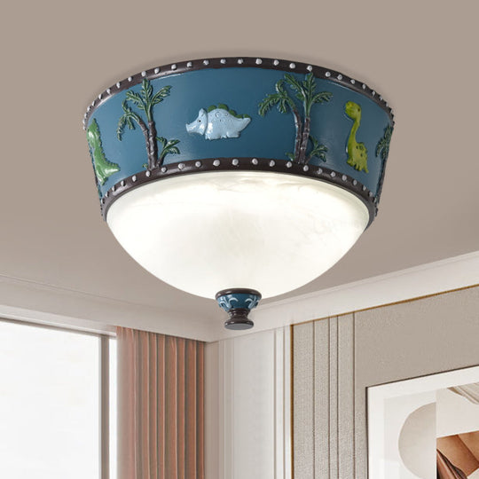 Bowl Opal Glass Ceiling Lamp - Kids Blue/Yellow LED Flush Mount with Dinosaur and Tree Pattern - White/Warm Light