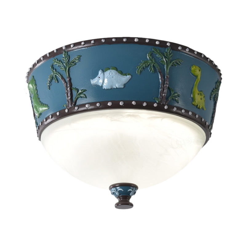 Bowl Opal Glass Ceiling Lamp - Kids Blue/Yellow LED Flush Mount with Dinosaur and Tree Pattern - White/Warm Light