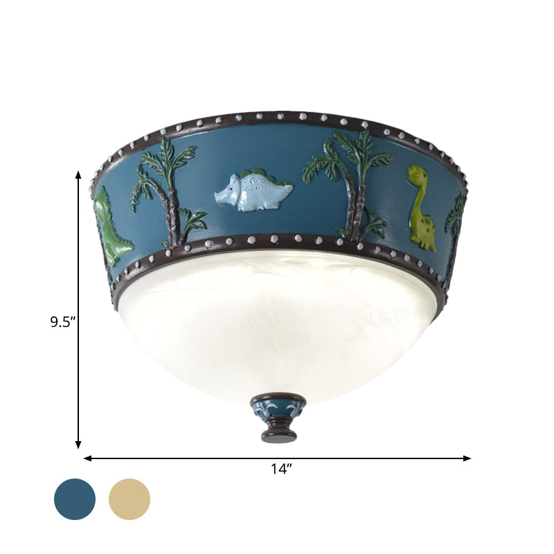 Bowl Opal Glass Ceiling Lamp - Kids Blue/Yellow LED Flush Mount with Dinosaur and Tree Pattern - White/Warm Light