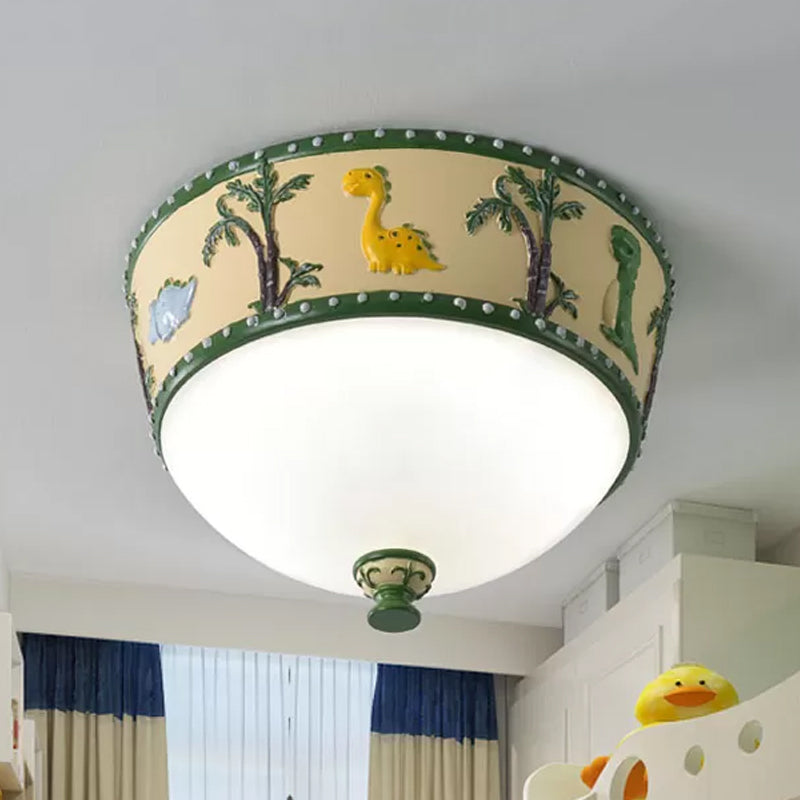 Bowl Opal Glass Ceiling Lamp - Kids Blue/Yellow LED Flush Mount with Dinosaur and Tree Pattern - White/Warm Light