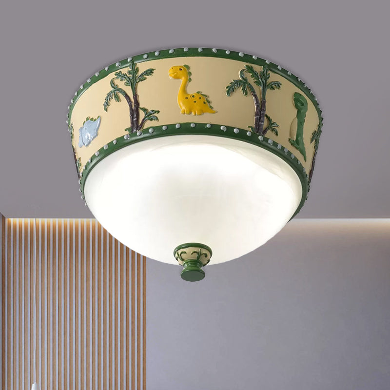 Bowl Opal Glass Ceiling Lamp - Kids Blue/Yellow LED Flush Mount with Dinosaur and Tree Pattern - White/Warm Light
