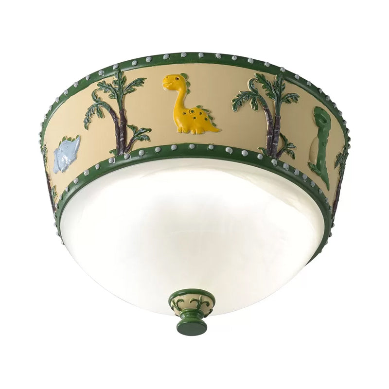 Bowl Opal Glass Ceiling Lamp - Kids Blue/Yellow LED Flush Mount with Dinosaur and Tree Pattern - White/Warm Light