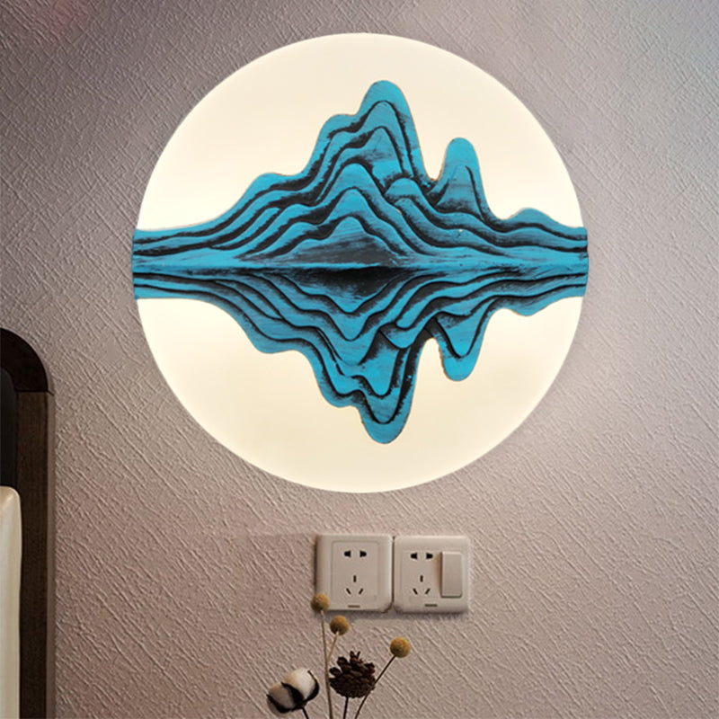 Gold/Blue Chinese Style LED Acrylic Wall-Mounted Lamp with Rounded Mountain Mural for Bedrooms