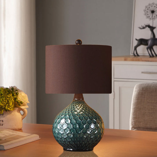 11"/14" Coffee 1-Light Desk Lamp with Antiqued Style Fabric Drum Shade for Nightstand