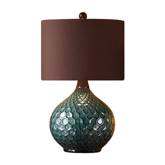 11"/14" Coffee 1-Light Desk Lamp with Antiqued Style Fabric Drum Shade for Nightstand