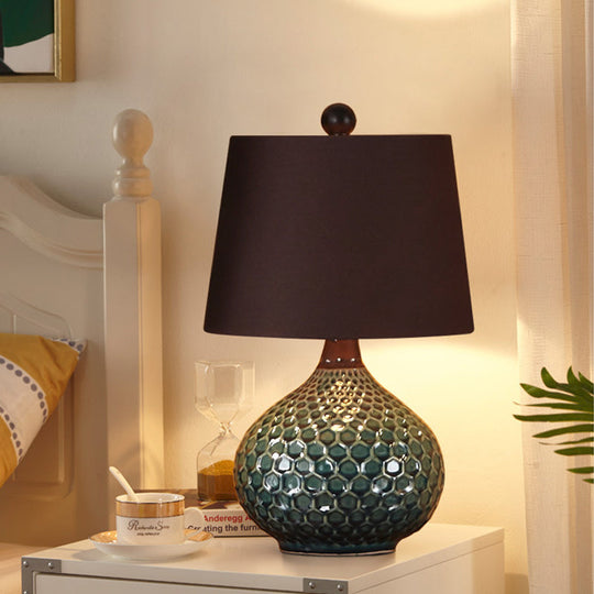11"/14" Coffee 1-Light Desk Lamp with Antiqued Style Fabric Drum Shade for Nightstand