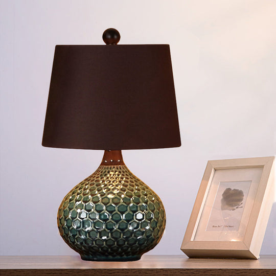 11"/14" Coffee 1-Light Desk Lamp with Antiqued Style Fabric Drum Shade for Nightstand