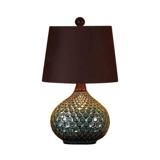11"/14" Coffee 1-Light Desk Lamp with Antiqued Style Fabric Drum Shade for Nightstand
