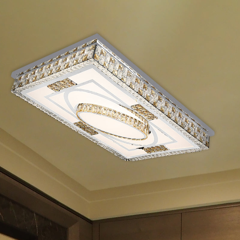 Modern Rectangular LED Ceiling Flush Light with Remote - Crystal Chrome Mounted Lamp