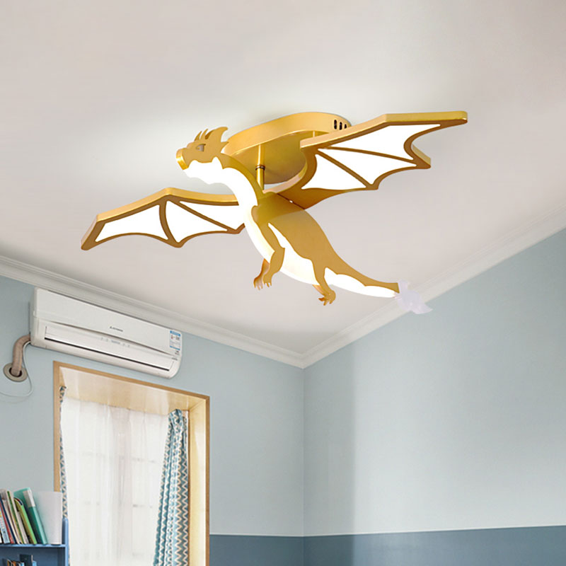 Gold Cartoon Pterosaur Kids LED Semi-Flush Lamp for Bedroom