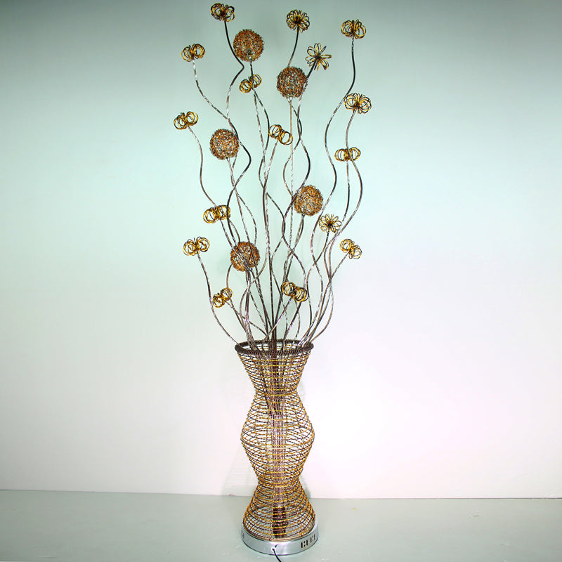 Golden LED Floor Lamp - Stylish Metallic Bamboo Basket Design with Flower Accents for Reading and Décor