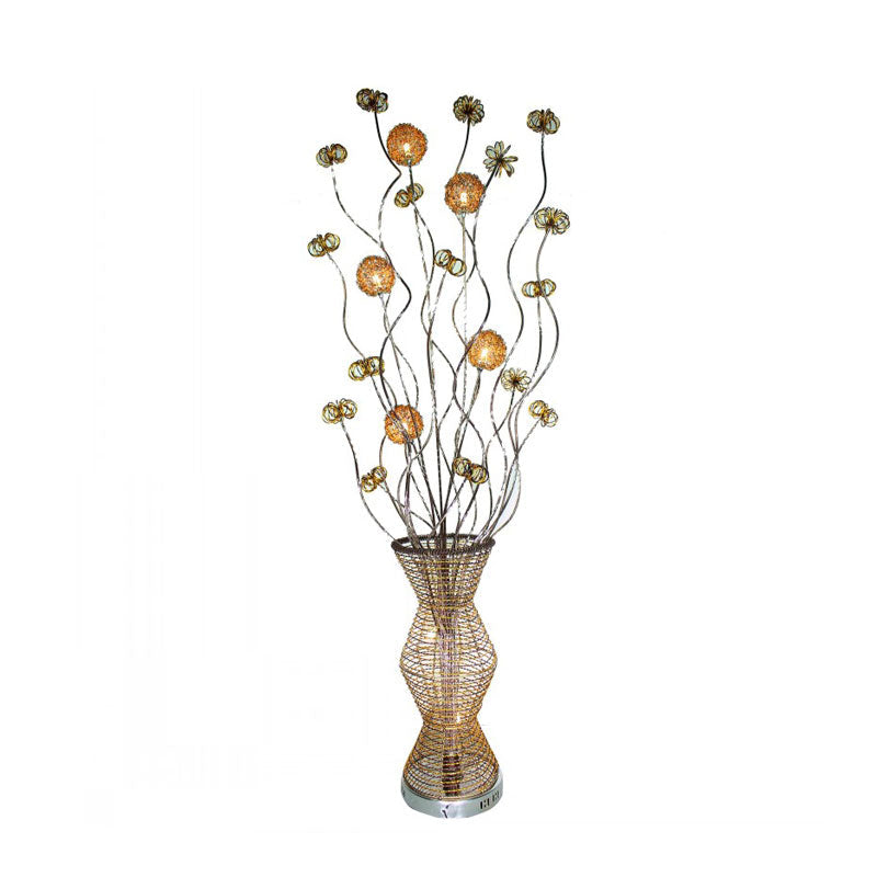 Golden LED Floor Lamp - Stylish Metallic Bamboo Basket Design with Flower Accents for Reading and Décor
