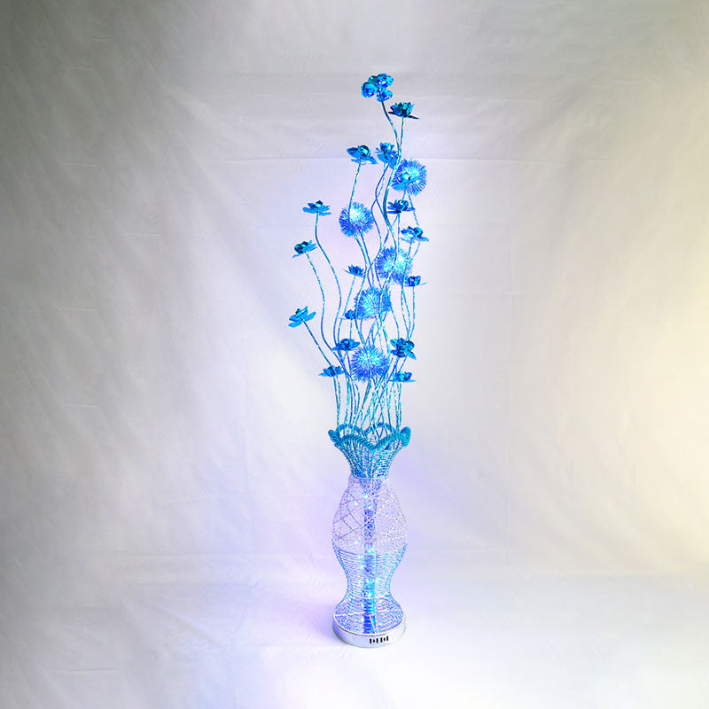 Rustic Bedroom LED Floor Lamp with Vase-Shaped Pleated Design and Blue Flower Decor – Decorative Standing Lighting