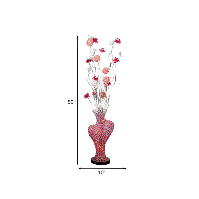 Red Metal Floret Standing Lamp: LED Decorative Floor Light with Crystal Encrusted Detail
