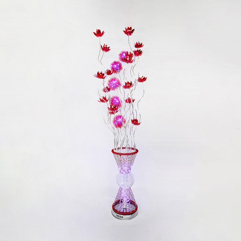 Red LED Aluminum Floor Lamp with Curved Stick and Floret: Art Decor Hourglass Light