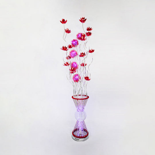 Red LED Aluminum Floor Lamp with Curved Stick and Floret: Art Decor Hourglass Light